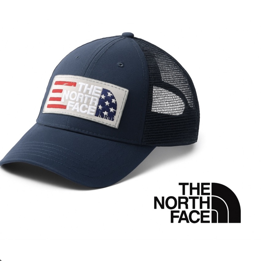 The North Face Never Stop Exploring American Flag Trucker Hat.